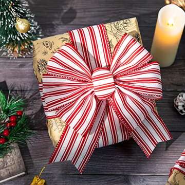 Whaline 2 Rolls Christmas Wired Edge Ribbon Christmas White Red Striped Fabric Ribbon Farmhouse Craft Ribbon for DIY Gift Wrapping Wreath Floral Arrangement Bow Decoration,2.5 Inch x 12 Yard