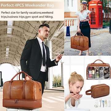 Wogarl 4PCS Leather Weekender Bag for Women Men Large Overnight Bag Travel Duffel Bag with Shoe Comp...