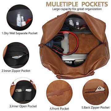 Wogarl 4PCS Leather Weekender Bag for Women Men Large Overnight Bag Travel Duffel Bag with Shoe Compartment Toiletry Satchel Bag Carry On Bag Fit 21" Laptop(Light Brown)