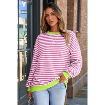 AlvaQ Sweatshirts for Women Casual Round Neck Striped Oversized Sweatshirt Loose Soft Long Sleeve Pu...
