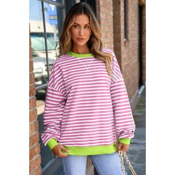 AlvaQ Sweatshirts for Women Casual Round Neck Striped Oversized Sweatshirt Loose Soft Long Sleeve Pullover Tunic Tops Fall Fashion Outfits 2024 Pink Small