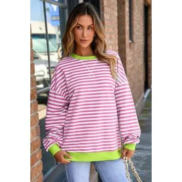 AlvaQ Sweatshirts for Women Casual Round Neck Striped Oversized Sweatshirt Loose Soft Long Sleeve Pullover Tunic Tops Fall Fashion Outfits 2024 Pink Small