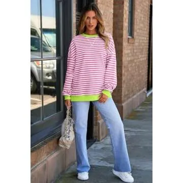 AlvaQ Sweatshirts for Women Casual Round Neck Striped Oversized Sweatshirt Loose Soft Long Sleeve Pullover Tunic Tops Fall Fashion Outfits 2024 Pink Small