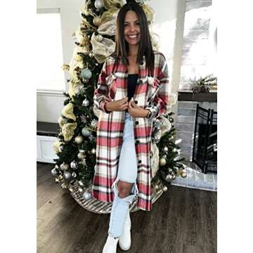 KIRUNDO Women's 2024 Fall Winter Long Flannel Plaid Shirts Jacket Casual Long Sleeve Boyfriend Button Down Shacket Coats(Style4-Red, Large)