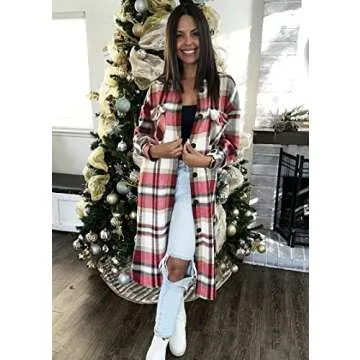 KIRUNDO Women's 2024 Fall Winter Long Flannel Plaid Shirts Jacket Casual Long Sleeve Boyfriend Button Down Shacket Coats(Style4-Red, Large)