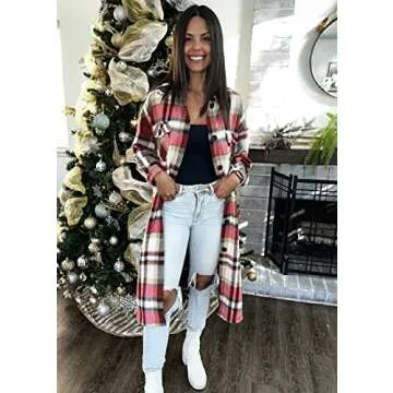 KIRUNDO Women's 2024 Fall Winter Long Flannel Plaid Shirts Jacket Casual Long Sleeve Boyfriend Button Down Shacket Coats(Style4-Red, Large)