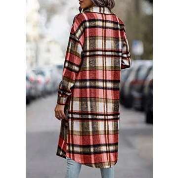 KIRUNDO Women's 2024 Fall Winter Long Flannel Plaid Shirts Jacket Casual Long Sleeve Boyfriend Button Down Shacket Coats(Style4-Red, Large)