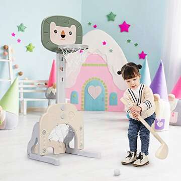 Costzon Kids Basketball Hoop, Toddler Sports Activity Center w/ 5 Adjustable Height Levels, Basketball Soccer Golf Game Set, Indoor Outdoor Basketball Hoop Set Best Gift for Baby Infant Green Lion