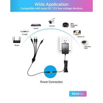 ZOSI 12V 2A 100V-240V US AC to DC Power Supply Adapter & 4-Way Power Splitter Cable for CCTV Home Security Camera Surveillance System