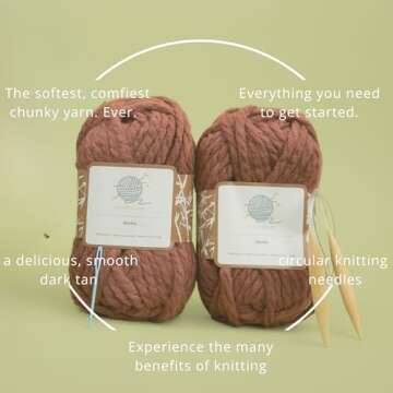 mindfulknits Learn to Knit Kit - Knit a Chunky Beanie- Knitting Needles, Yarn Needle & Acrylic Chunky Bulky Knitting Yarn– Mocha- Beginner Kit for Relaxation & Stress Relief