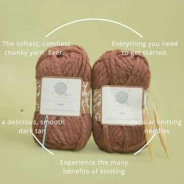 mindfulknits Learn to Knit Kit - Knit a Chunky Beanie- Knitting Needles, Yarn Needle & Acrylic Chunky Bulky Knitting Yarn– Mocha- Beginner Kit for Relaxation & Stress Relief