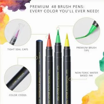 DOODLE HOG 48 Premium Watercolor Pens +2 Highly Blendable Markers, Real Brush Tip Watercolor Markers, Art Supplies for Adults, 48 Colors Gift Box
