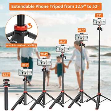 UURIG 52" Extendable Phone Tripod with Remote Selfie Stick 360° Ball Head Camera Tripod with 2 in 1 Phone Clip Cell Phone Stand for iPhone 16/15/14/13/12 Pro Max/Samsung/GoPro/DJI Action