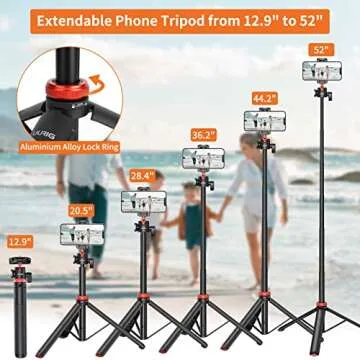 UURIG 52" Extendable Phone Tripod with Remote Selfie Stick 360° Ball Head Camera Tripod with 2 in 1 Phone Clip Cell Phone Stand for iPhone 16/15/14/13/12 Pro Max/Samsung/GoPro/DJI Action