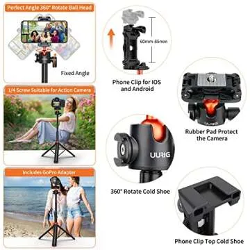 UURIG 52" Extendable Phone Tripod with Remote Selfie Stick 360° Ball Head Camera Tripod with 2 in 1 Phone Clip Cell Phone Stand for iPhone 16/15/14/13/12 Pro Max/Samsung/GoPro/DJI Action