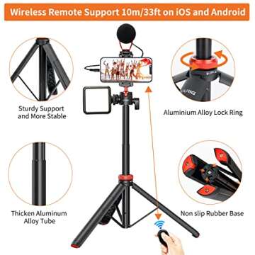UURIG 52" Extendable Phone Tripod with Remote Selfie Stick 360° Ball Head Camera Tripod with 2 in 1 Phone Clip Cell Phone Stand for iPhone 16/15/14/13/12 Pro Max/Samsung/GoPro/DJI Action
