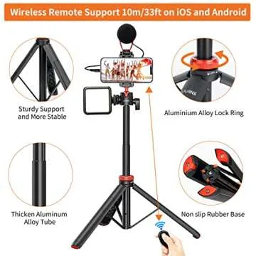 UURIG 52" Extendable Phone Tripod with Remote Selfie Stick 360° Ball Head Camera Tripod with 2 in 1 Phone Clip Cell Phone Stand for iPhone 16/15/14/13/12 Pro Max/Samsung/GoPro/DJI Action