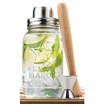 Clear Glass 30-oz Mason Jar and Stainless Steel Cocktail Shaker Set, Wood Muddler & Stainless Steel ...