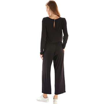 Loving People Women's Long Sleeve Jumpsuit Elastic Stretchy Waist Capri Jumper with Pockets, XL, Black