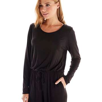 Loving People Women's Long Sleeve Jumpsuit Elastic Stretchy Waist Capri Jumper with Pockets, XL, Black