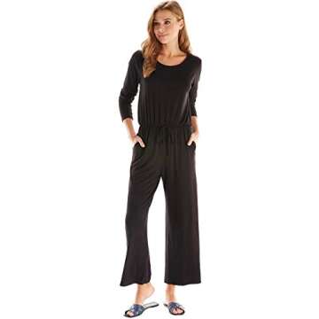 Loving People Women's Long Sleeve Jumpsuit Elastic Stretchy Waist Capri Jumper with Pockets, XL, Black