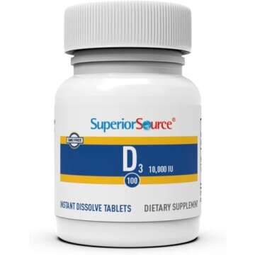 Superior Source Vitamin D3 10000 IU, Quick Dissolve MicroLingual Tablets, 100 Count, Helps Promote Strong Bones and Teeth, Immune Support, Helps Maintain Healthy Muscle Function, Non-GMO