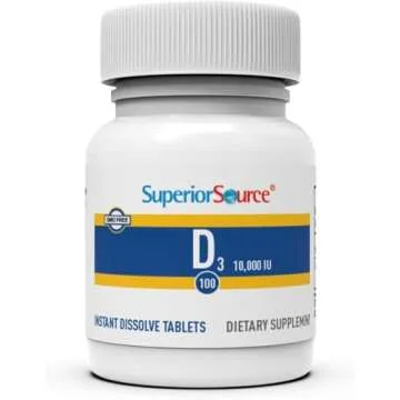 Superior Source Vitamin D3 10000 IU, Quick Dissolve MicroLingual Tablets, 100 Count, Helps Promote Strong Bones and Teeth, Immune Support, Helps Maintain Healthy Muscle Function, Non-GMO