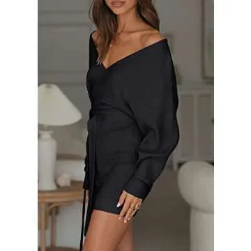 ZESICA Women's Fall Long Batwing Sleeve Wrap V Neck Knitted Backless Bodycon Pullover Sweater Dress with Belt,Black,Medium