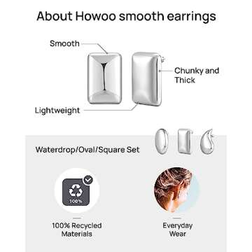 Howoo Silver Stud Earrings set for Women Silver Chunky Stud Earrings Big Minimalist Dainty Post Earrings for Women Geometric (waterdrop, square/rectangle, oval)