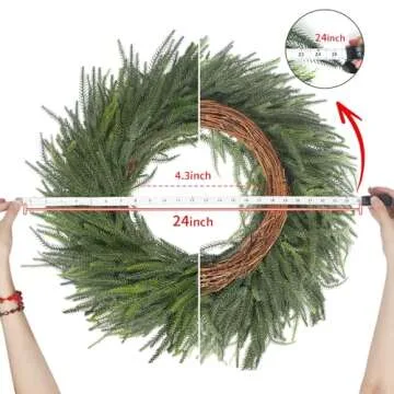 LOKEISNA Real Touch Norfolk Pine Wreath, 24" Artificial Christmas Wreaths for Front Door, Soft Benda...