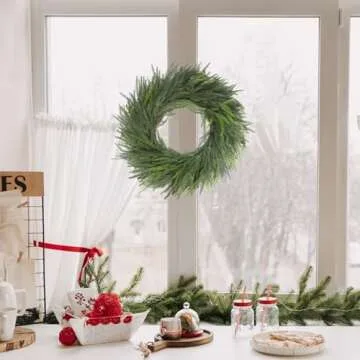 LOKEISNA Real Touch Norfolk Pine Wreath, 24" Artificial Christmas Wreaths for Front Door, Soft Bendable Pine Wreath for Wall Windows Mantle Christmas New Year