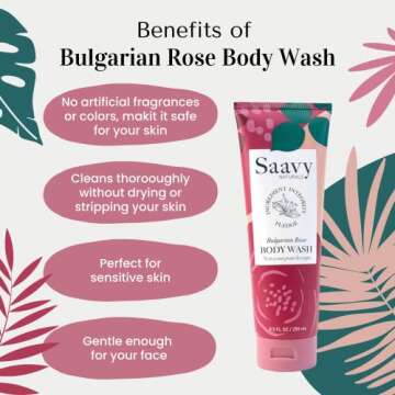 Saavy Naturals Bulgarian Rose Body Wash, Moisturizing Shower Gel for Men & Women, Vegan Formula with...