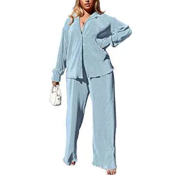 kaimimei Casual 2 Piece Outfit for Women - Linen Long Sleeve Button Down Shirt + Flare Pleated Wide ...