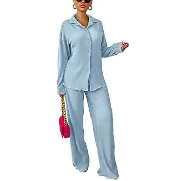 kaimimei Casual 2 Piece Outfit for Women - Linen Long Sleeve Button Down Shirt + Flare Pleated Wide Leg Pants Sets Streetwear