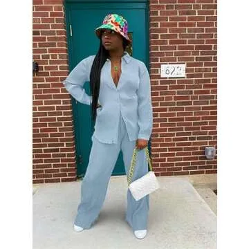 kaimimei Casual 2 Piece Outfit for Women - Linen Long Sleeve Button Down Shirt + Flare Pleated Wide Leg Pants Sets Streetwear