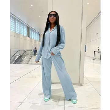 kaimimei Casual 2 Piece Outfit for Women - Linen Long Sleeve Button Down Shirt + Flare Pleated Wide Leg Pants Sets Streetwear