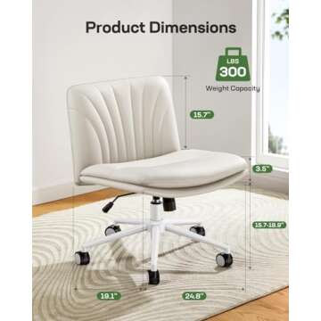 Marsail Armless-Office Desk Chair with Wheels: PU Leather Cross Legged Wide Chair,Comfortable Adjust...