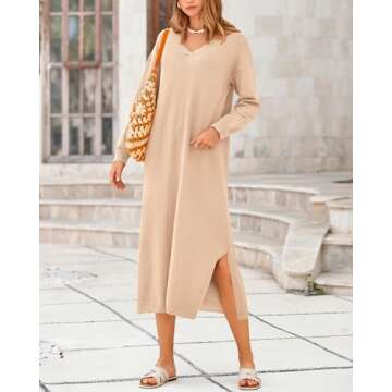 BTFBM Women Fall Sweater Dress Casual V Neck Long Sleeve Slit Knit Oversized Maternity Sweaters Maxi Dresses 2025 Winter(Solid Beige, Medium)