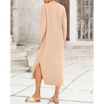 BTFBM Women Fall Sweater Dress Casual V Neck Long Sleeve Slit Knit Oversized Maternity Sweaters Maxi Dresses 2025 Winter(Solid Beige, Medium)