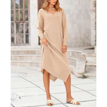 BTFBM Women Fall Sweater Dress Casual V Neck Long Sleeve Slit Knit Oversized Maternity Sweaters Maxi Dresses 2025 Winter(Solid Beige, Medium)