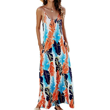 Women Long Maxi Dress Summer Casual Floral Printed Bohemian Spaghetti Strap with Pockets (Medium, B-...