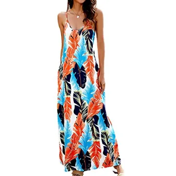 Women Long Maxi Dress Summer Casual Floral Printed Bohemian Spaghetti Strap with Pockets (Medium, B-Leaf Print)