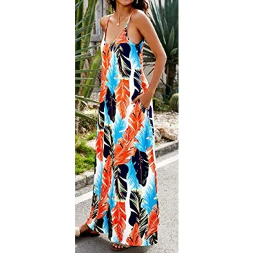 Women Long Maxi Dress Summer Casual Floral Printed Bohemian Spaghetti Strap with Pockets (Medium, B-Leaf Print)