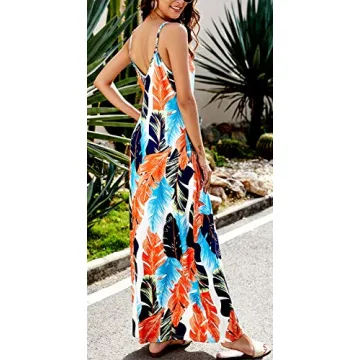 Women Long Maxi Dress Summer Casual Floral Printed Bohemian Spaghetti Strap with Pockets (Medium, B-Leaf Print)