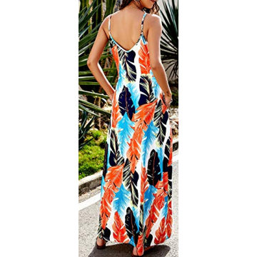 Women Long Maxi Dress Summer Casual Floral Printed Bohemian Spaghetti Strap with Pockets (Medium, B-Leaf Print)