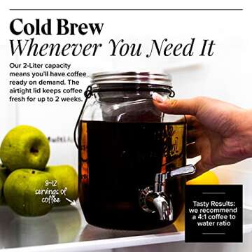 Willow & Everett Cold Brew Coffee Maker - 2 L Iced Tea & Coffee Cold Brew Maker - Glass Pitcher w/St...