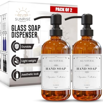 Sunrise Premium 2 Pack Amber Glass Soap Dispensers - Chic & Stylish 16 OZ Set with Labels