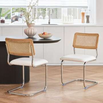 GrandNoor White Rattan Dining Chairs Set of 2 - Modern Mid-Century Comfort