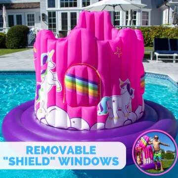 SWIMLINE Giant Inflatable Unicorn Castle Pool Float For Kids And Adults Size| Floating Kingdom Raft Lounger Combo With Gate Shield Windows & Accessories For Pools Lakes Beach | Fits Up To 4 People