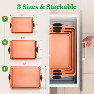 NutriChef 3 Piece Baking Pan Set - PFOA, PFOS, PTFE Free Flexible Nonstick Carbon Steel Bakeware Set - Home Kitchen Bake Pan Cookie Sheet Stackable Baking Tray Set w/Black Silicone Handles NCSBS3S45